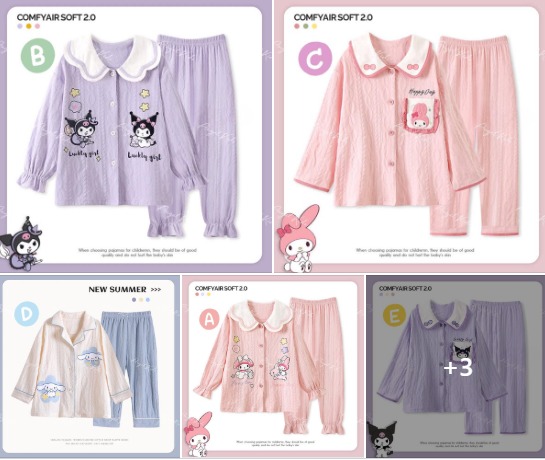 $90套,2套起$80套。Sanrio亲子棉质家居服