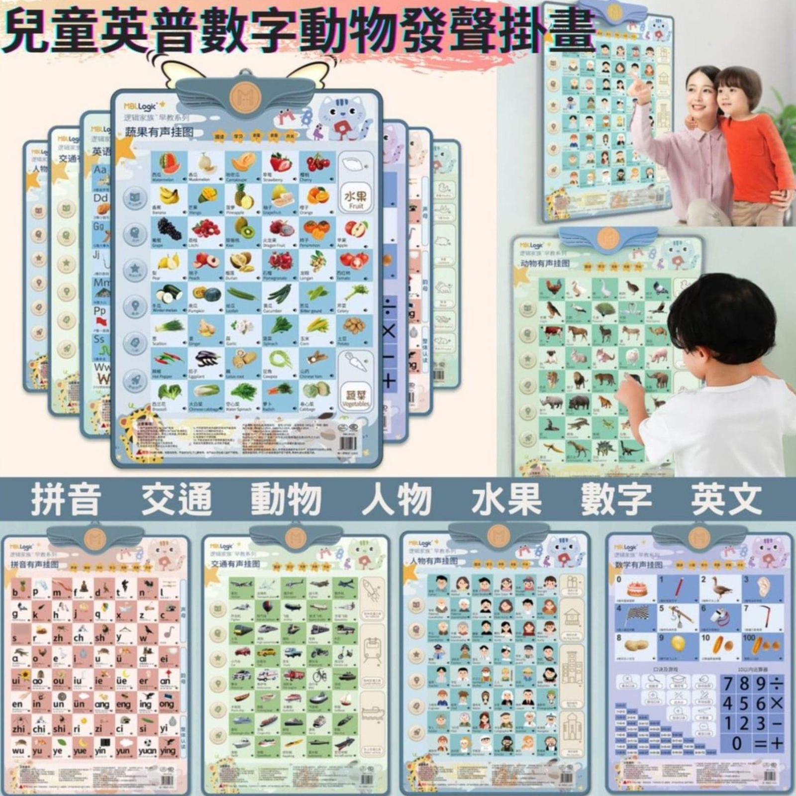 $48/1。3件起$38/1。兒童英普數字動物發聲掛畫