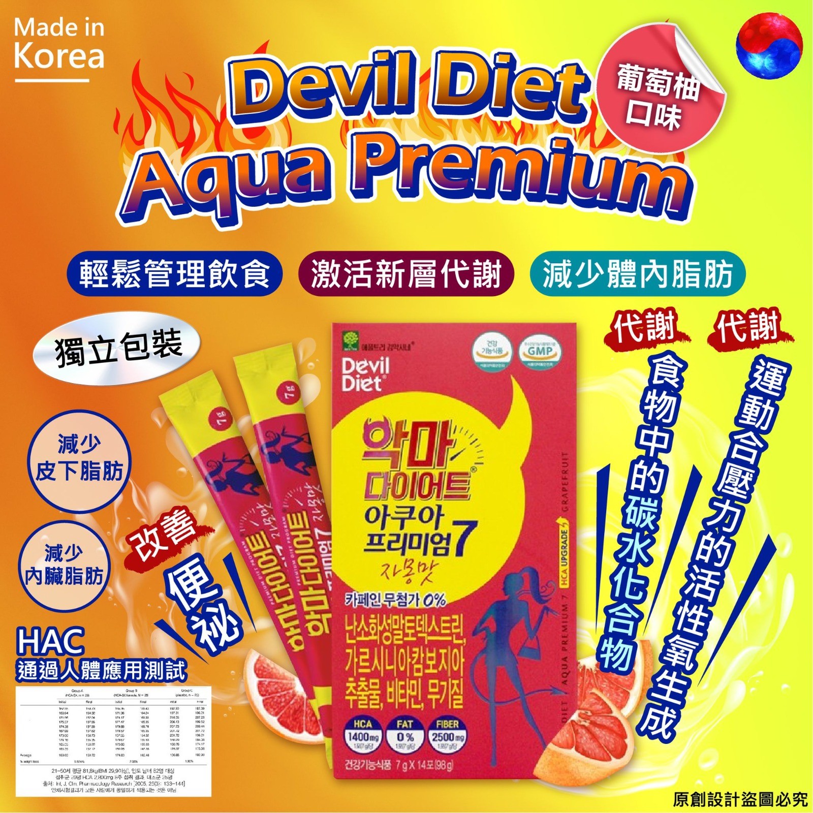 $118盒14入，2盒起$108盒。韩国Devil Diet Aqua Premium 葡萄柚味 7g x 14 包 獨立包装
