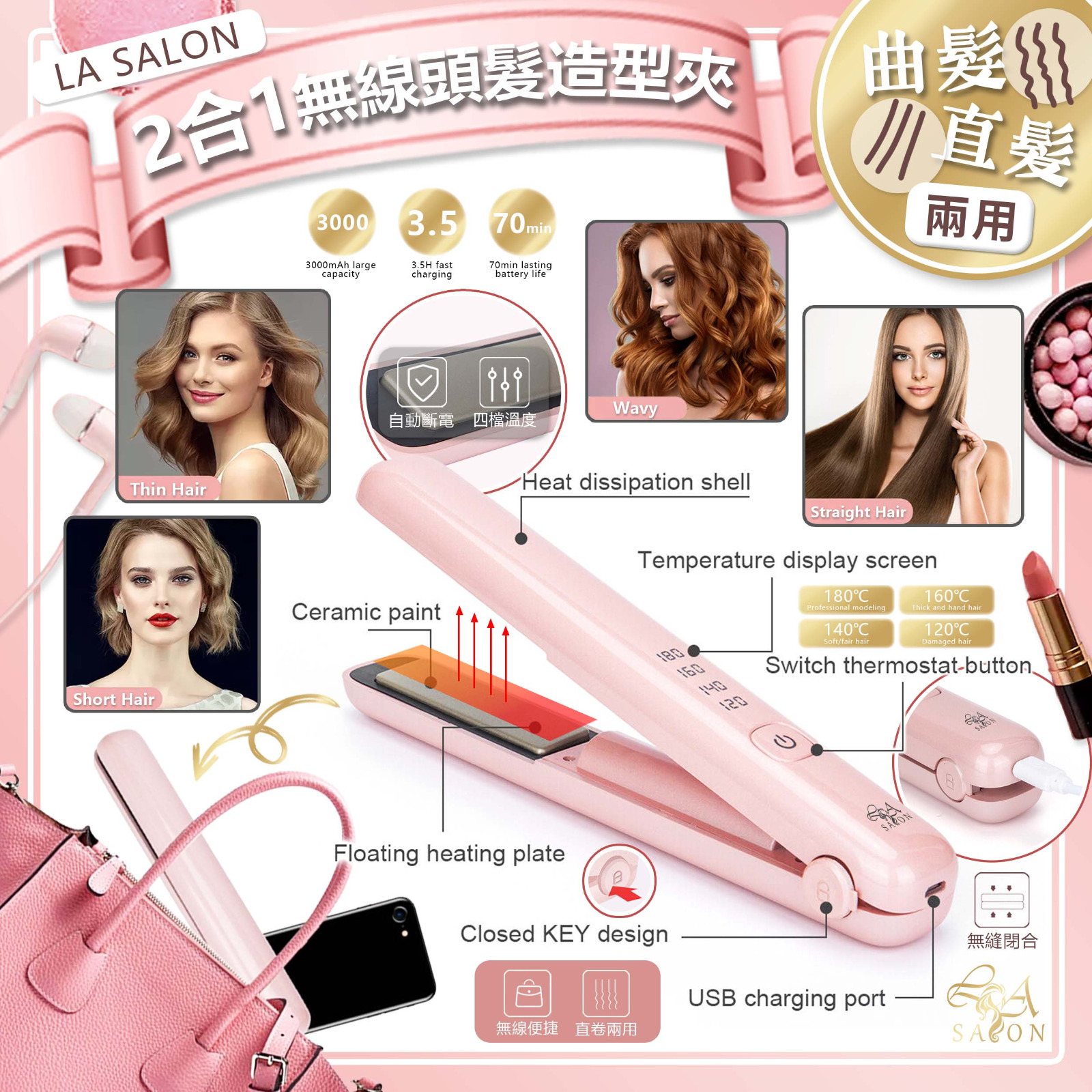 $105/1。2件起$98/1。LA SALON 二合一无线头髮造型夾