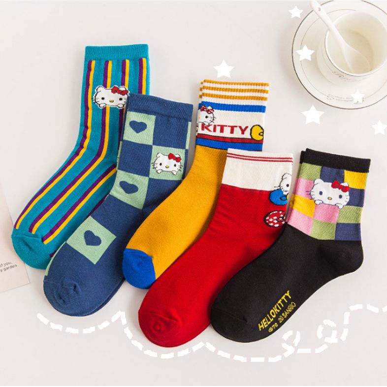 $68套5对。日系Hello Kitty原宿风撞色中筒袜子 (一套5对)