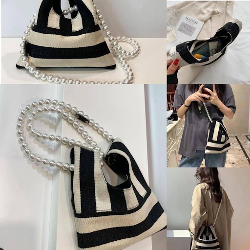 ⚪⚫黑白百搭配珍珠鍊， 衬衫一流呀❤️❤️细细个勁可爱💓零售价：$70/个2个或以上$60/个截单日：9月30日预计到货：10月尾11月头勁靚呀😍 韩风小众珍珠链帆布两用包