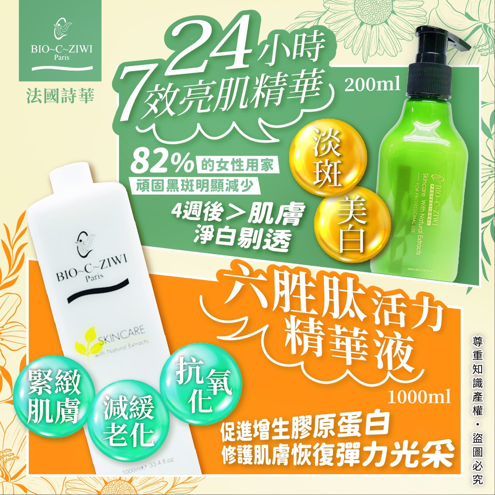 A) $98。B) $125。法國詩華 BIO-C-ZIWI 24小時7效亮肌精華 200ml / 六胜肽活力精華液 1000ml