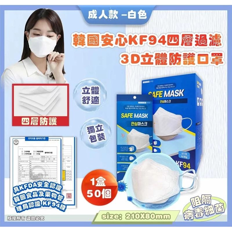 現貨，7-14日到門市/倉$69盒5O入。2盒起$6O盒。🇰🇷韓國安心 KF94 四層過濾 3D立體防護口罩(1盒50片)🌟