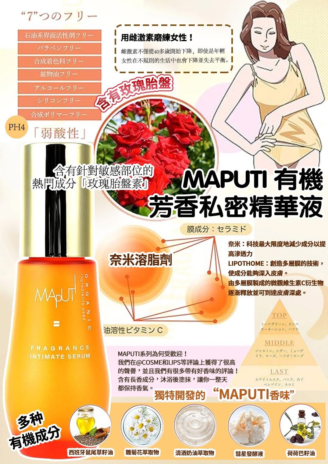 MAPUTI 有機芳香私密精華液30ml.$249支, 2支以上$229支。