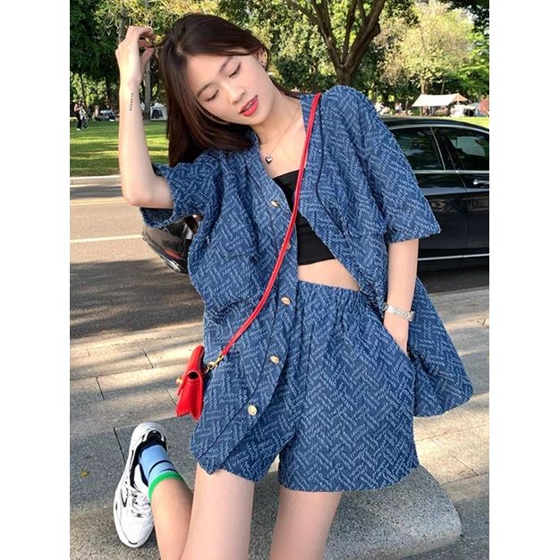 $158套。2套起$148套。韩版夏季宽鬆㬎瘦牛仔短袖外套+短裤宽2件套。