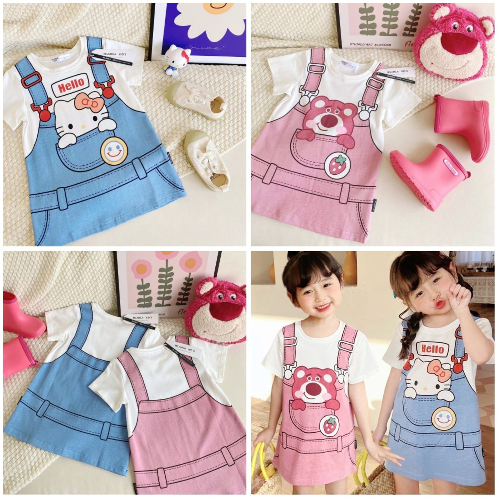 $55件。2件起$45件。可愛假兩件吊帶褲圖案Tee